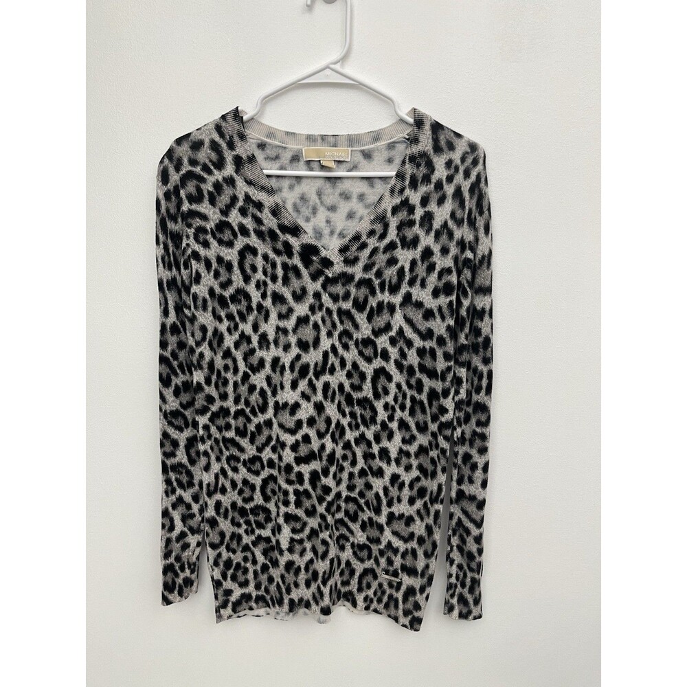MICHAEL Michael Kors Women's Gray Leopard Print V-Neck Sweater Size S